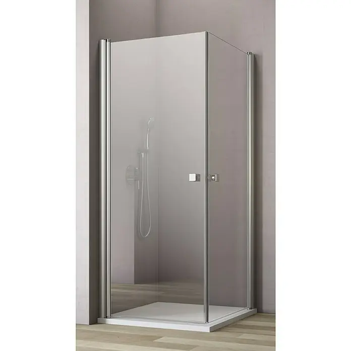 GEO Hit Eckdusche B-E100 - L x B x H: 100 x 90 x 202,2 cm, Beschichtet, Silber, Glasstärke: 6 mm - Duschkabine mit klaren Glaswänden und silbernen Rahmen. Das Duschsystem ist im Inneren sichtbar und ein quadratischer Griff ist an der Tür befestigt.