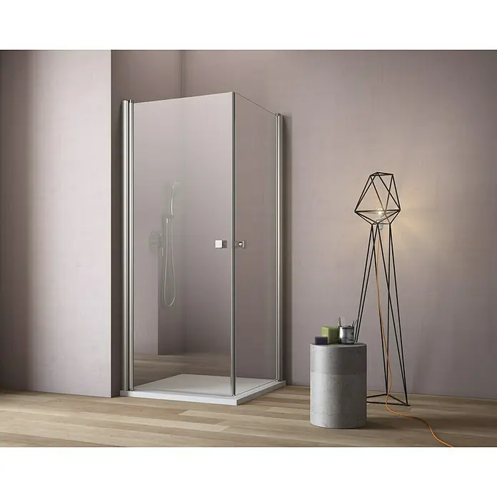 GEO Hit Eckdusche B-E100 - L x B x H: 100 x 90 x 202,2 cm, Beschichtet, Silber, Glasstärke: 6 mm - Abgebildet ist eine moderne Duschkabine mit klaren Glaswänden und silbernen Rahmen, die ein helles, minimalistisches Badezimmerdesign ergänzt.