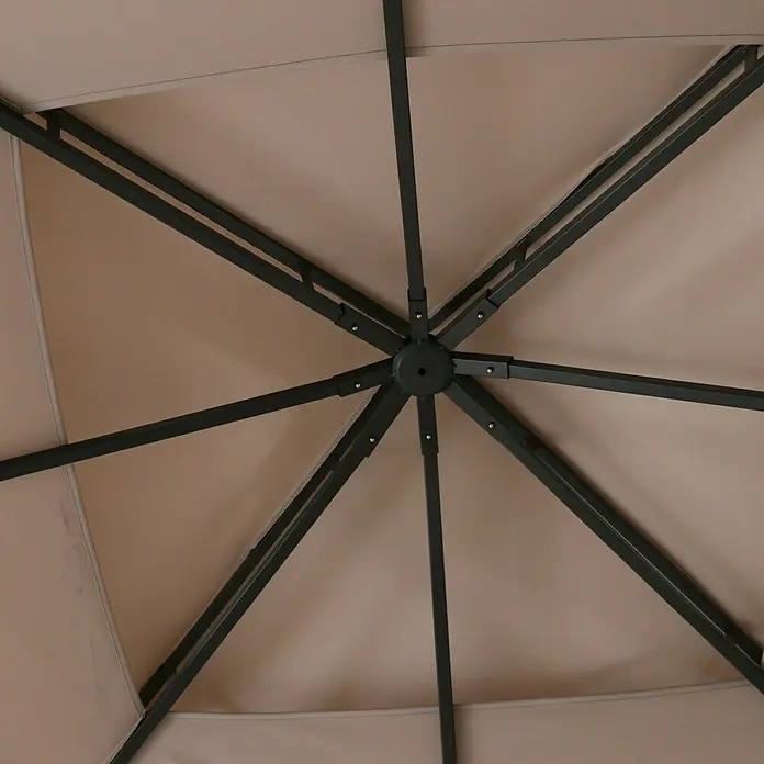 Sunfun Carpa con laterales Barcelona - An x Pr: 300 x 300 cm, Color del techo: Beige - Vista interior de una glorieta con techo de tela beige y estructura de metal negro que muestra un patrón en forma de estrella.