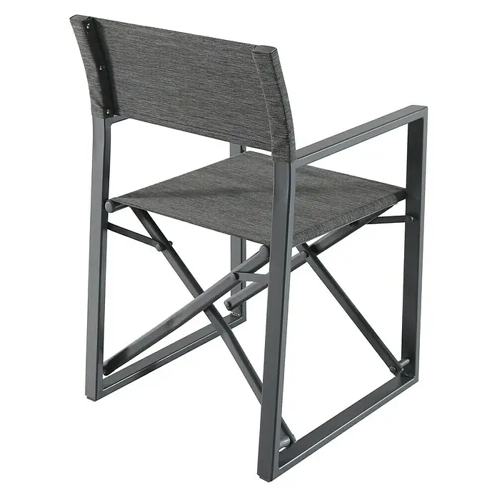 Sunfun Gartenmöbel-Set Maja - 7 -tlg., Robinie/Textilen/Aluminium, Anthrazit, Gartenstuhl klappbar - Aufnahme eines stilvollen, grauen Regiestuhls mit Armlehnen, der modernes Design und Funktionalität vereint.