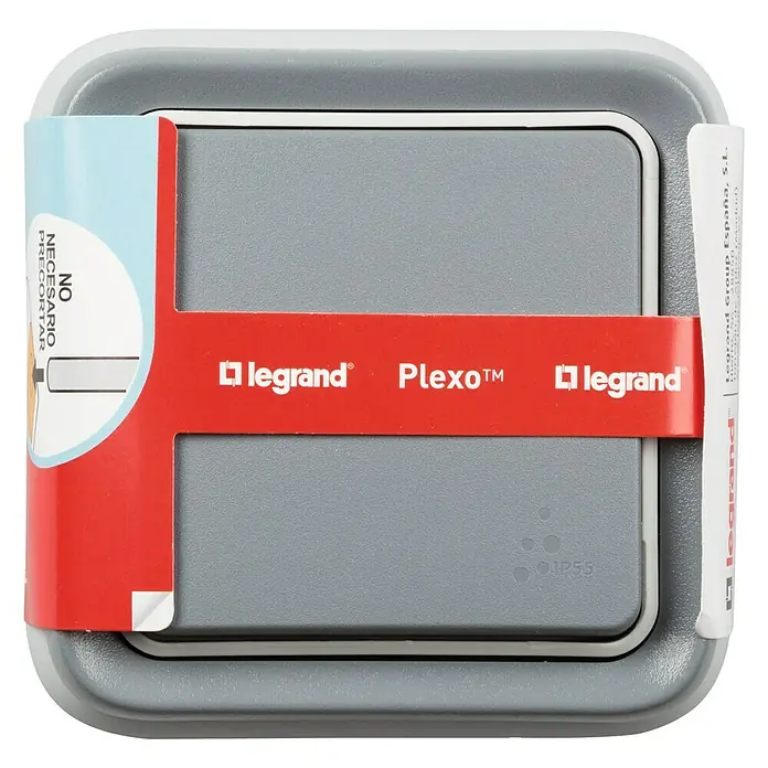 Legrand Plexo Pulsador para estancias con humedad con luz - Gris, Instalación empotrada, IP55 - Primer plano de un interruptor gris Legrand Plexo™️, ideal para ambientes húmedos, con protección IP55, empaquetado y listo para instalar.