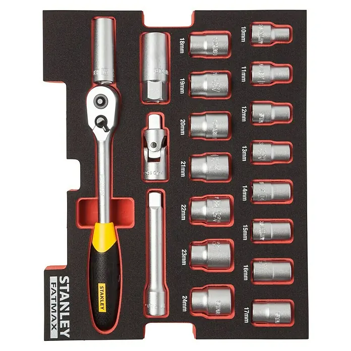 Stanley TSTAK Werkzeugkoffer Einlagen-Set - Stahl, 20 -tlg. - Werkzeugsatz von Stanley Fatmax mit Ratschenschlüssel, Verlängerung und verschiedenen Steckschlüsseln in einer praktischen Aufbewahrungsbox.