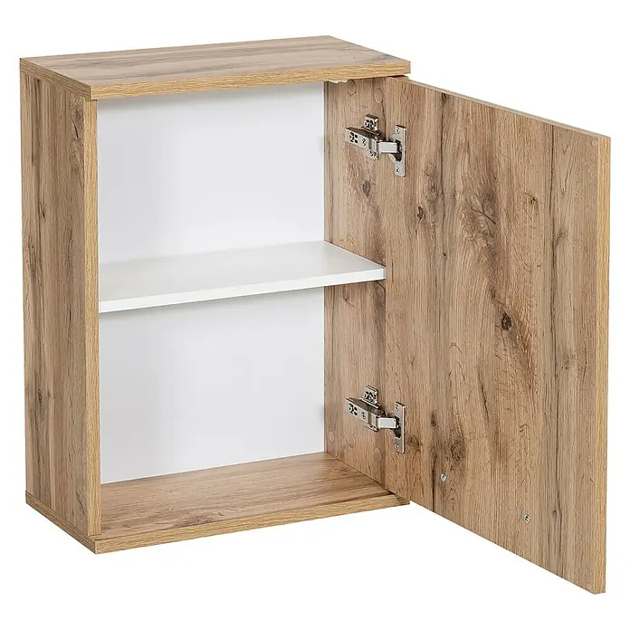 Schildmeyer Milan Oberschrank - 40,5 x 20 x 54,5 cm, Wotaneiche - Holzfarbener Hängeschrank mit offener Tür, innen ein weißes Regalbrett.