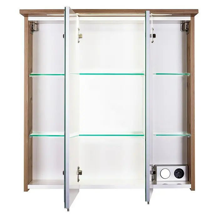 Schildmeyer LED-Spiegelschrank Profil/Isola - 70,5 x 72,5 cm, Mit Beleuchtung, Holz, Silberfichte - Aufnahme eines dreitürigen Spiegelschranks mit Holzrahmen und Glasablagen. Ideal für Badezimmer, bietet Stauraum und Steckdose.