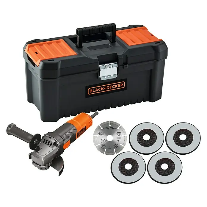 Black+Decker Amoladora angular eléctrica BEG220KA5-QS + discos y caja para herramientas - 900 W, 125 mm - Caja de herramientas Black+Decker negra y naranja con herramientas de esmerilado y amoladora angular.