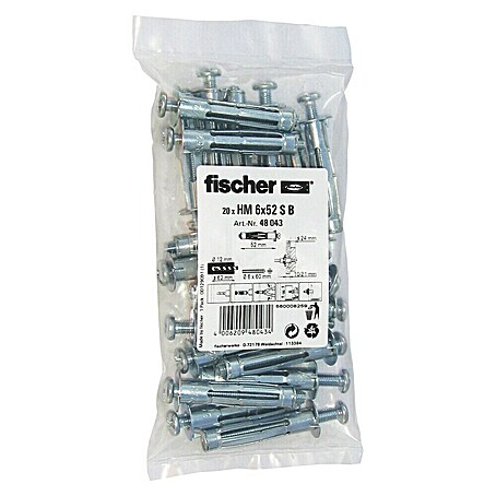 Fischer Metall-Hohlraumdübel HM (Ø x L: 12 x 52 mm, Bohrtiefe: 62 mm, 20 Stk.)