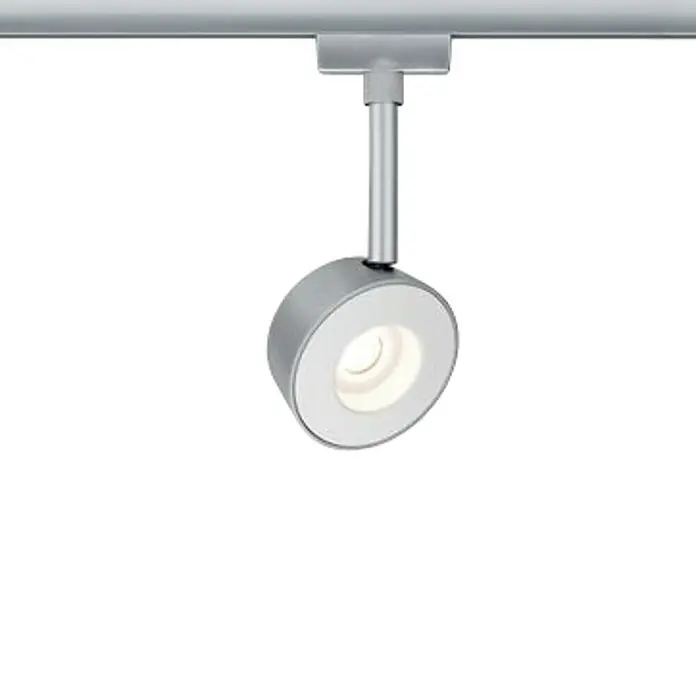 Paulmann URail LED-Spot Pellet - 4 W, Lichtfarbe: Warmweiß - Nahaufnahme einer modernen, silbernen LED-Strahlerlampe an einer Schiene, die ein helles, warmes Licht ausstrahlt.