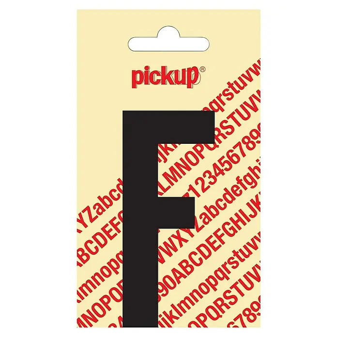 Pickup Aufkleber - Motiv: F, Schwarz, Höhe: 90 mm - Schwarzer "Pickup"-Buchstabe F auf einer Verpackung mit roten Buchstaben und Zahlen, die das Produkt deutlich hervorhebt.