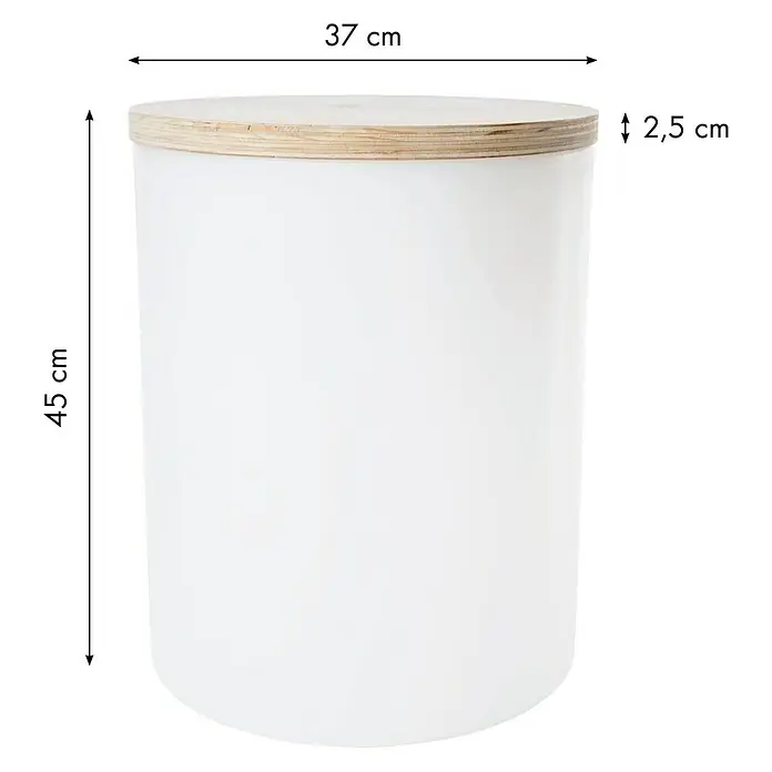 8 Seasons Design Shining Dekoleuchte Drum - 9 W, Weiß, L x B x H: 37 x 37 x 45 cm - Abbildung eines runden, weißen Abfalleimers mit einem Holzboden und den Maßen 37 cm in der Breite und 45 cm in der Höhe.