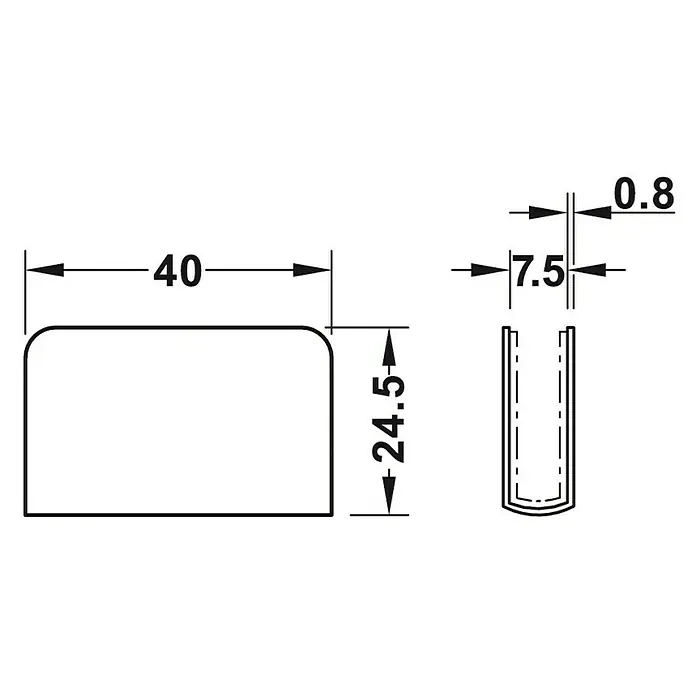 Suki Contraplaca - L x An x Al: 7,5 x 40 x 24,5 mm, Apto para: Grosor del vidrio 4 - 6 mm - Dibujo técnico de un perfil en U con dimensiones 40x24.5x7.5x0.8 mm.