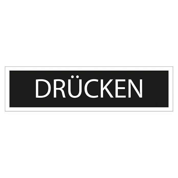 Pickup Aufkleber - Motiv: Drücken, Schwarz/Weiß, L x B: 165 x 44 mm - Schwarzes Schild mit weißer Aufschrift "DRÜCKEN" in Großbuchstaben.