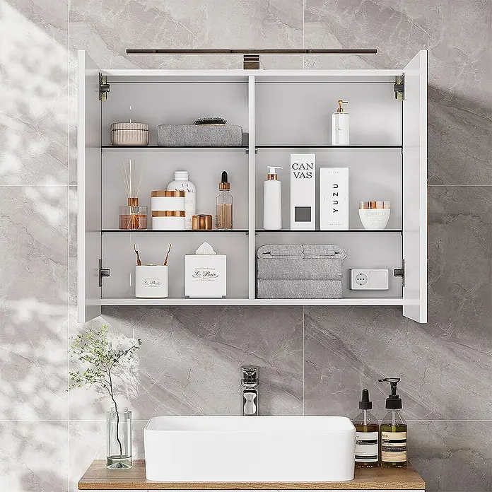 Vicco Spiegelschrank Lavio Weiß mit LED-Beleuchtung - B x H: 80 x 60 cm, Stahl, Weiß
