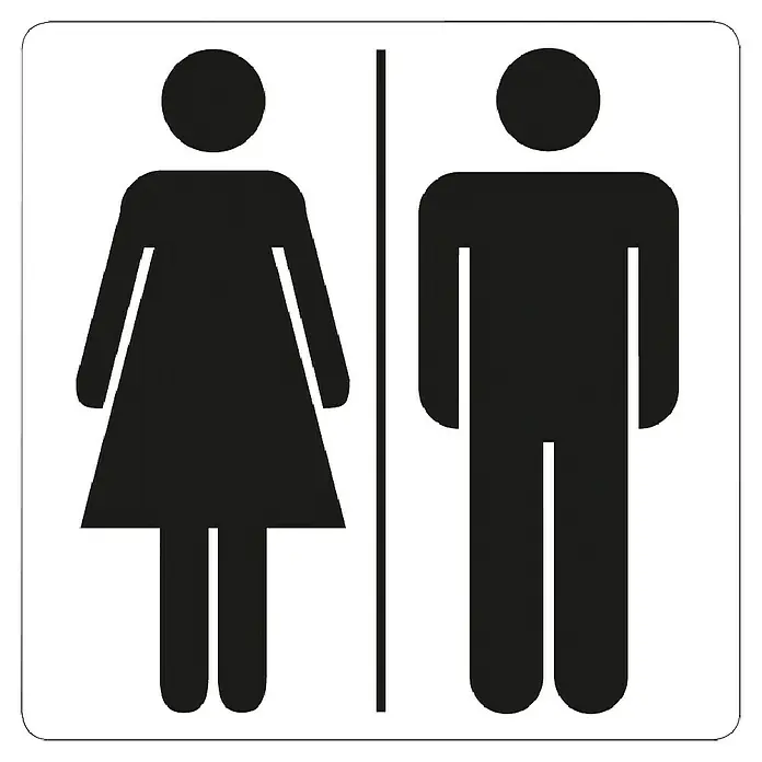 Pickup Aufkleber - L x B: 7,5 x 7,5 cm, Motiv: Toiletten - Toilettenschild mit stilisierter Frauen- und Männerfigur, schwarz auf weiß.
