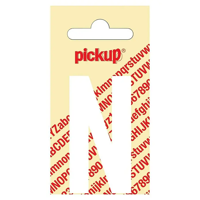 Pickup Aufkleber - Motiv: N, Weiß, Höhe: 60 mm - Das Bild zeigt einen Aufkleberbogen von Pickup mit dem Buchstaben N, umgeben von anderen Buchstaben und Zahlen auf beigem Hintergrund.