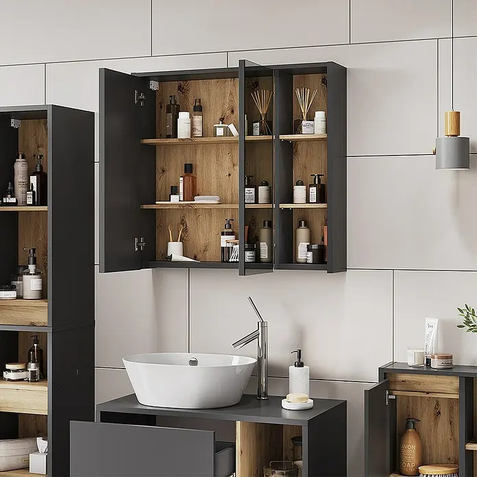 Vicco Spiegelschrank Viola Grau/Artisan mit offenen Regalen - B x H: 80 x 75 cm, Sonstiges, Grau/Artisan
