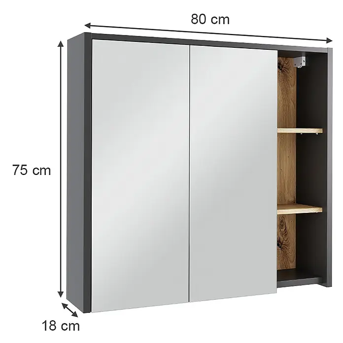 Vicco Spiegelschrank Viola Grau/Artisan mit offenen Regalen - B x H: 80 x 75 cm, Sonstiges, Grau/Artisan