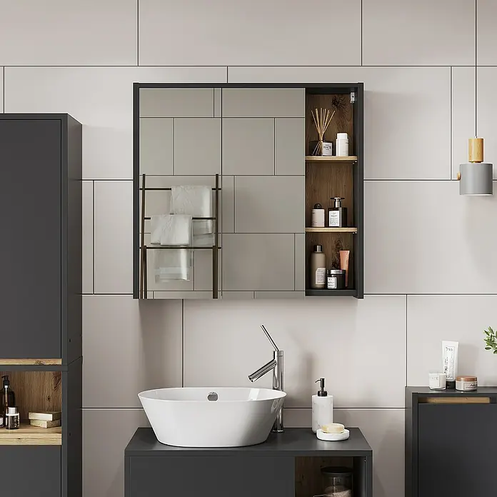 Vicco Spiegelschrank Viola Grau/Artisan mit offenen Regalen - B x H: 80 x 75 cm, Sonstiges, Grau/Artisan