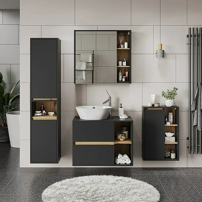 Vicco Spiegelschrank Viola Grau/Artisan mit offenen Regalen - B x H: 80 x 75 cm, Sonstiges, Grau/Artisan