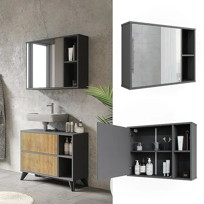 Vicco Spiegelschrank Leano Anthrazit/Bergeiche - B x H: 80 x 60 cm, Sonstiges, Anthrazit/Bergeiche