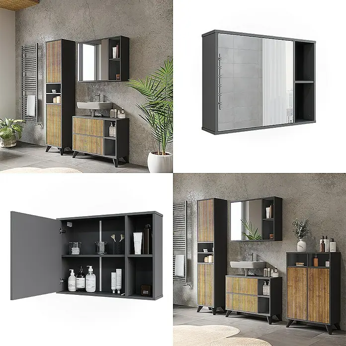 Vicco Spiegelschrank Leano Anthrazit/Bergeiche - B x H: 80 x 60 cm, Sonstiges, Anthrazit/Bergeiche