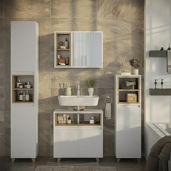 Vicco Spiegelschrank Elnor Weiß/Eiche mit 2 offenen Fächern & 1 Tür - Sonstiges, Weiß/Eiche