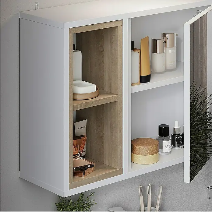 Vicco Spiegelschrank Elnor Weiß/Eiche mit 2 offenen Fächern & 1 Tür - Sonstiges, Weiß/Eiche