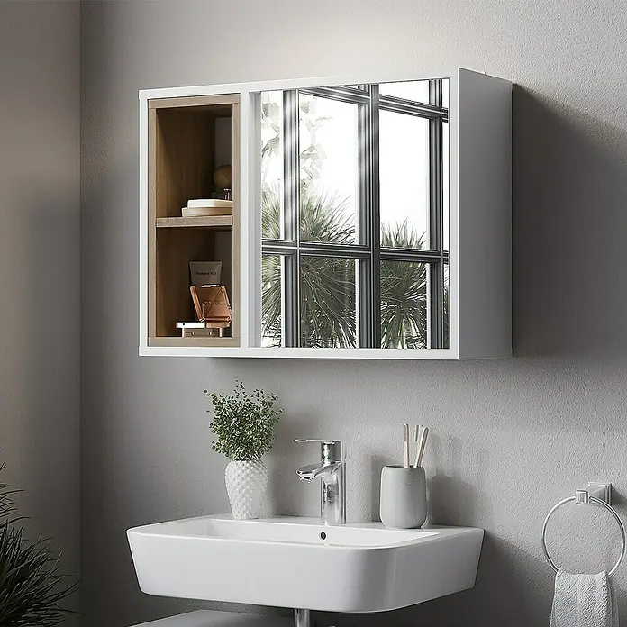 Vicco Spiegelschrank Elnor Weiß/Eiche mit 2 offenen Fächern & 1 Tür - Sonstiges, Weiß/Eiche