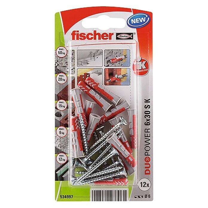 Fischer Duopower Assortiment schroeven met pluggen (Diameter plug: 6 mm, Pluglengte: 30 mm, 12 stk.)