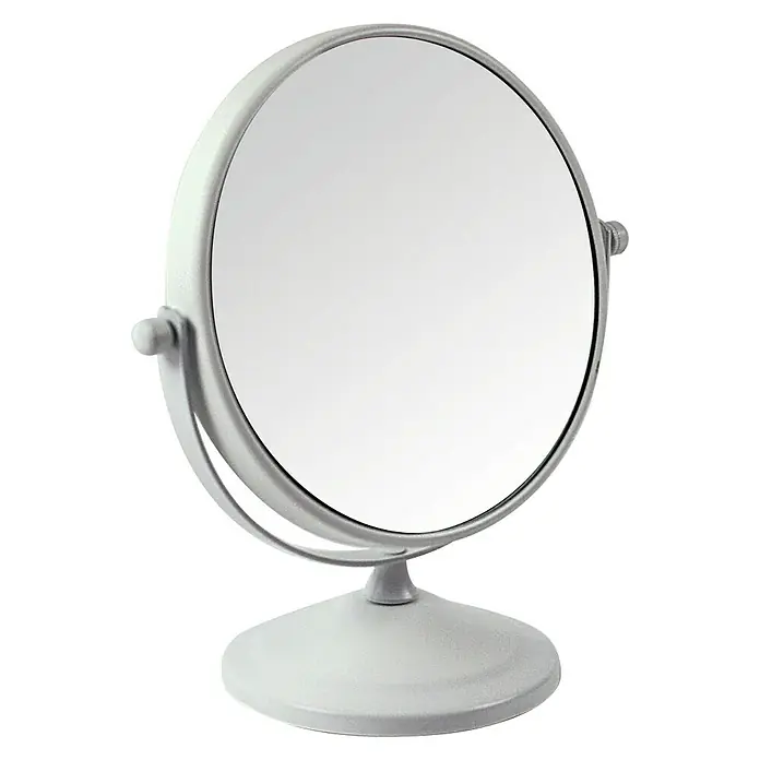 Deblanch Espejo cosmético - 15 x 15 cm, Redonda, Blanco, Aumento 1: 300 %, Aumento 2: 700 % - Un espejo de tocador redondo y blanco con pie, ideal para el uso diario en el baño o en el tocador. Práctico y elegante.