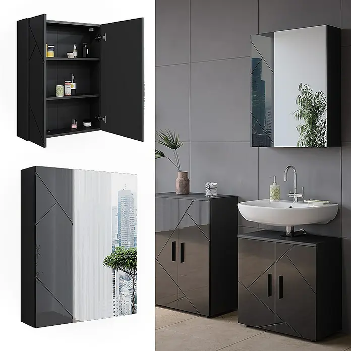 Vicco Spiegelschrank Irma Anthrazit Hochglanz/Anthrazit - B x H: 60 x 75 cm, Sonstiges, Anthrazit Hochglanz/Anthrazit