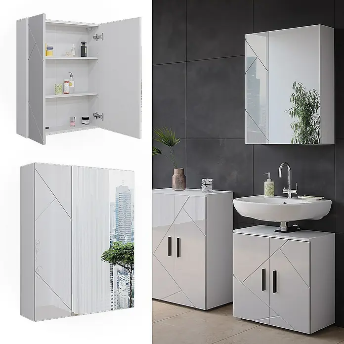 Vicco Spiegelschrank Irma Weiß/Weiß Hochglanz - B x H: 60 x 75 cm, Sonstiges, Weiß/Weiß Hochglanz