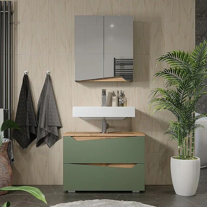 Vicco Spiegelschrank Marelle Grün/Artisan mit höhenverstellbarem Einlegeboden - Sonstiges, Grün/Artisan