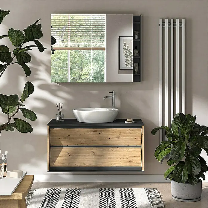 Vicco Spiegelschrank Edelin Anthrazit/Artisan mit Regalen - B x H: 100 x 75 cm, Sonstiges, Anthrazit/Artisan
