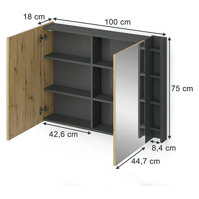 Vicco Spiegelschrank Edelin Anthrazit/Artisan mit Regalen - B x H: 100 x 75 cm, Sonstiges, Anthrazit/Artisan