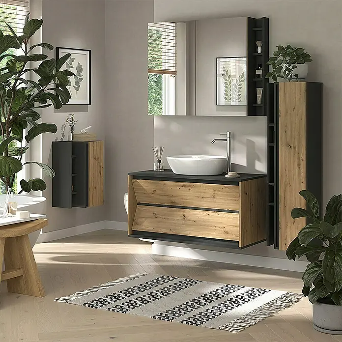 Vicco Spiegelschrank Edelin Anthrazit/Artisan mit Regalen - B x H: 100 x 75 cm, Sonstiges, Anthrazit/Artisan