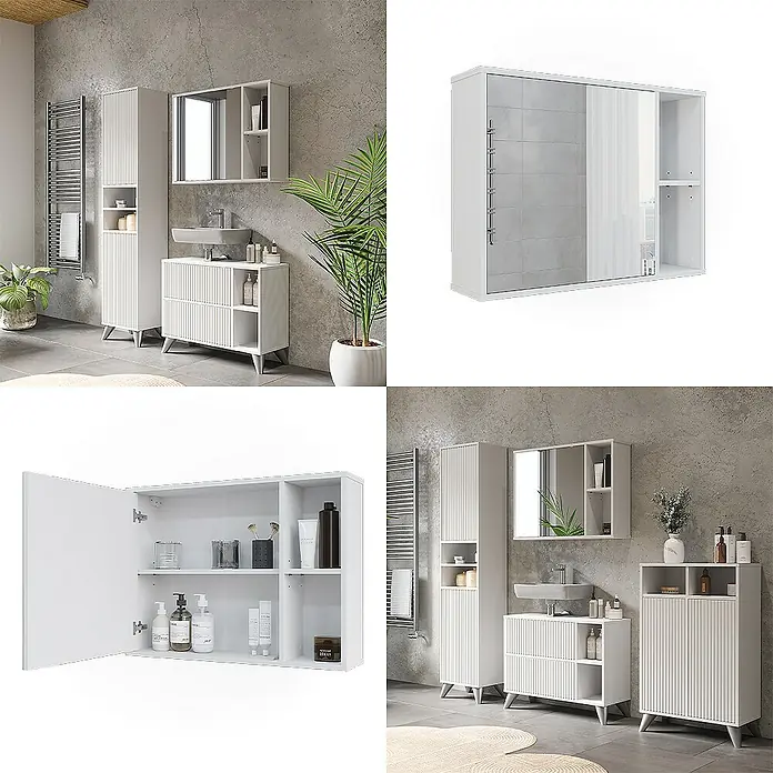 Vicco Spiegelschrank Leano Weiß - B x H: 80 x 60 cm, Sonstiges, Weiß
