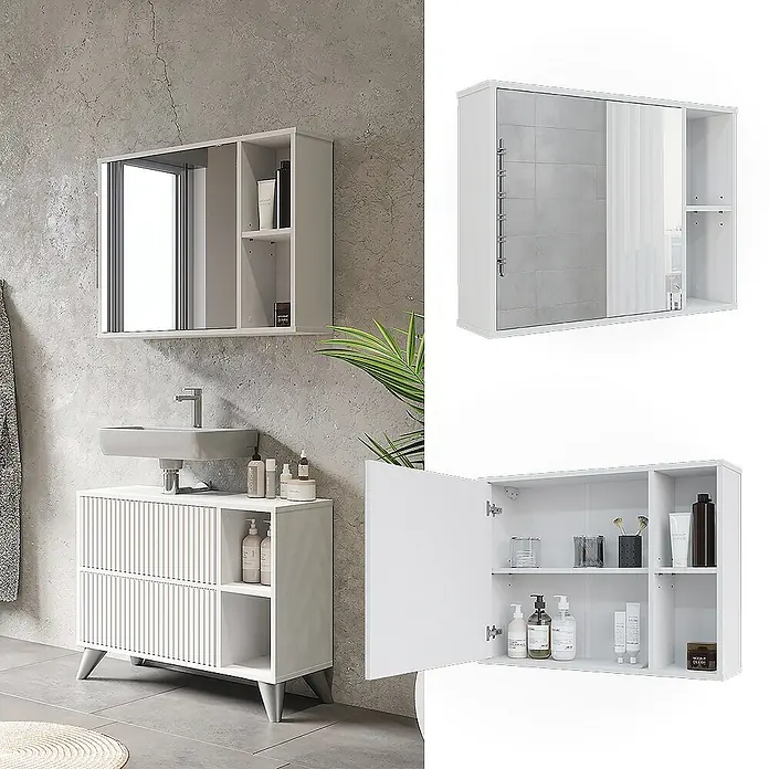 Vicco Spiegelschrank Leano Weiß - B x H: 80 x 60 cm, Sonstiges, Weiß