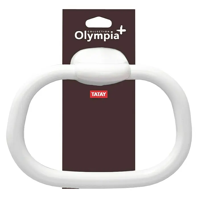 Tatay Olympia Toallero de anilla - Atornillado - Toallero de pared blanco Olympia+ sobre un fondo marrón. Práctico y elegante para cualquier baño.