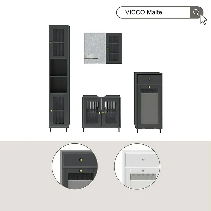 Vicco Spiegelschrank Malte Grau mit Spiegel - B x H: 60 x 50 cm, Stahl, Grau