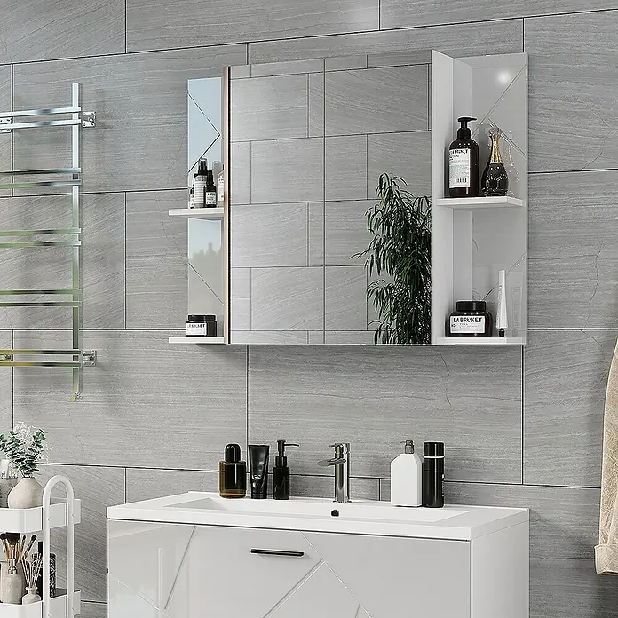 Vicco Spiegelschrank Irma Weiß/Weiß Hochglanz mit 2 Türen - B x H: 100 x 75 cm, Sonstiges, Weiß/Weiß Hochglanz