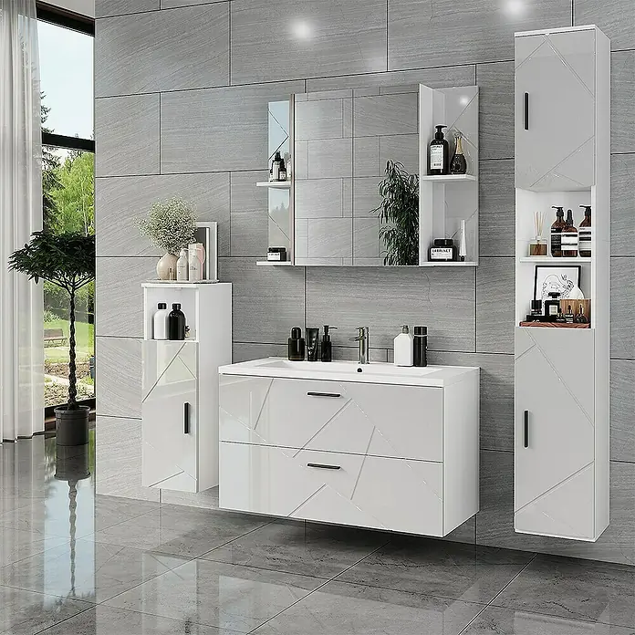 Vicco Spiegelschrank Irma Weiß/Weiß Hochglanz mit 2 Türen - B x H: 100 x 75 cm, Sonstiges, Weiß/Weiß Hochglanz