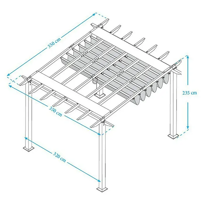 Paragon Outdoor Raffpavillon Florida - B x T: 350 x 350 cm, Farbe Dach: Braun, Farbe Gestell: Dunkelbraun - Abbildung einer Pergola mit den Maßen 350 cm x 350 cm und einer Höhe von 235 cm, mit Details zu den Abmessungen der Struktur.