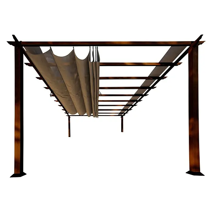 Paragon Outdoor Raffpavillon FlorenzB x T: 505 x 350 cm, Farbe Dach: Braun, Farbe Gestell: Dunkelbraun - Bild einer Pergola mit braunem Holzrahmen und beiger Markise für den Außenbereich.