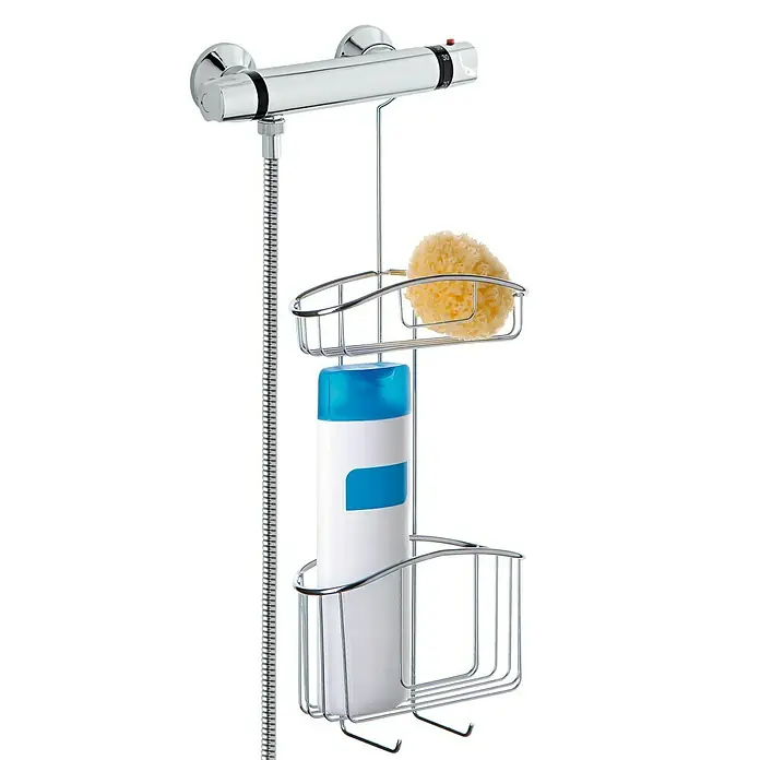Tatay Cesta de baño colgante doble - L x An x Al: 9 x 22,5 x 60 cm, Cromo - Estante de ducha con dos estantes, una esponja de ducha y una botella de champú. El estante es de cromo y cuelga de la barra de ducha.