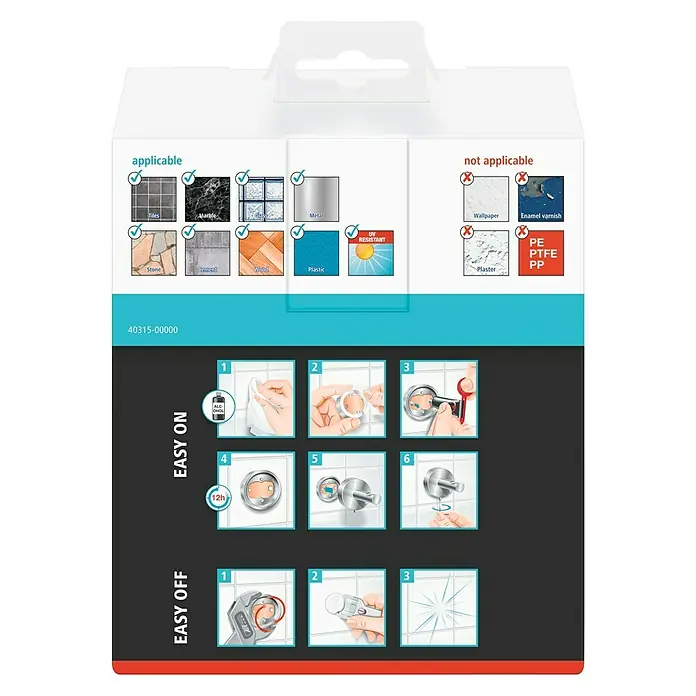 Tesa Smooz Toilettenpapierhalter - Mit Deckel, Chrom, Glänzend - Anwendbare und nicht anwendbare Oberflächen für die Montage des Produkts, sowie eine Schritt-für-Schritt-Anleitung zur einfachen Anbringung und Entfernung.
