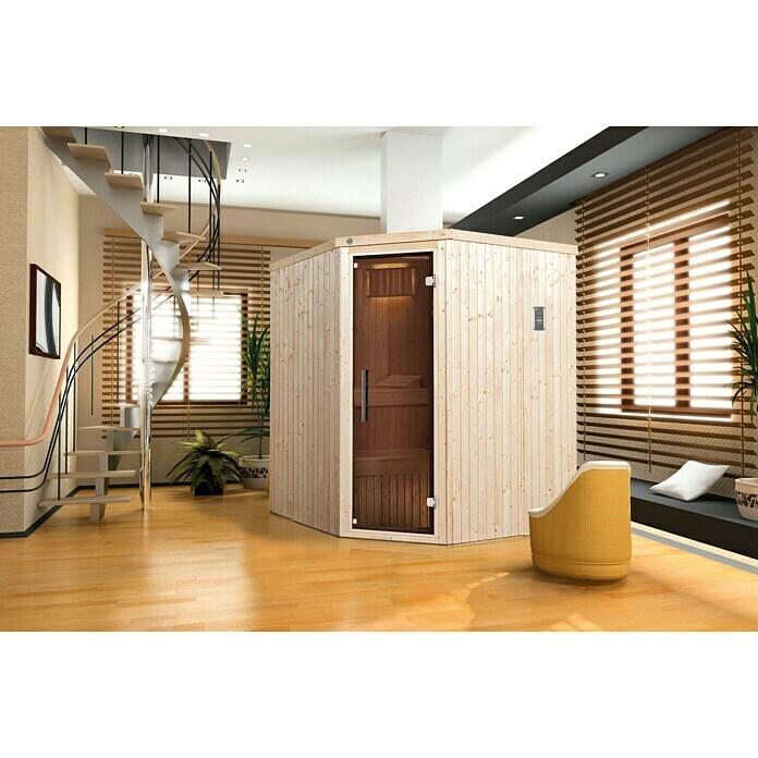 Weka Elementsauna Kiruna 2 GTMit 4,5 kW Bio-Ofen mit externer Steuerung, 177 x 194 x 199 cm Mood Shot