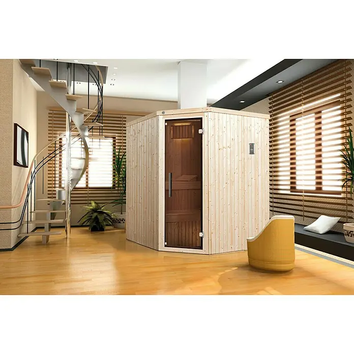 Weka Elementsauna Kiruna 2 GT - Bioofen, Steuerung Ofen: Extern, L x B x H: 177 x 194 x 199 cm - Ein geräumiges Interieur mit einer Sauna aus hellem Holz, die ein entspannendes Wellnesserlebnis verspricht.