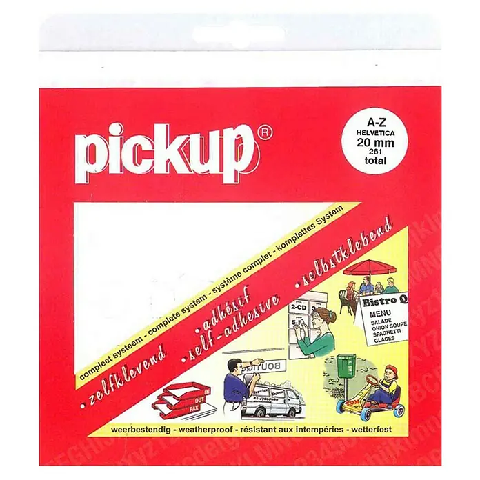 Pickup Aufkleber - Buchstaben, Weiß, Höhe: 20 mm - Pickup Buchstaben-Aufkleber A-Z Helvetica 20 mm, 261 Stück, selbstklebend, wetterfest, für vielfältige Anwendungen im Innen- und Außenbereich.