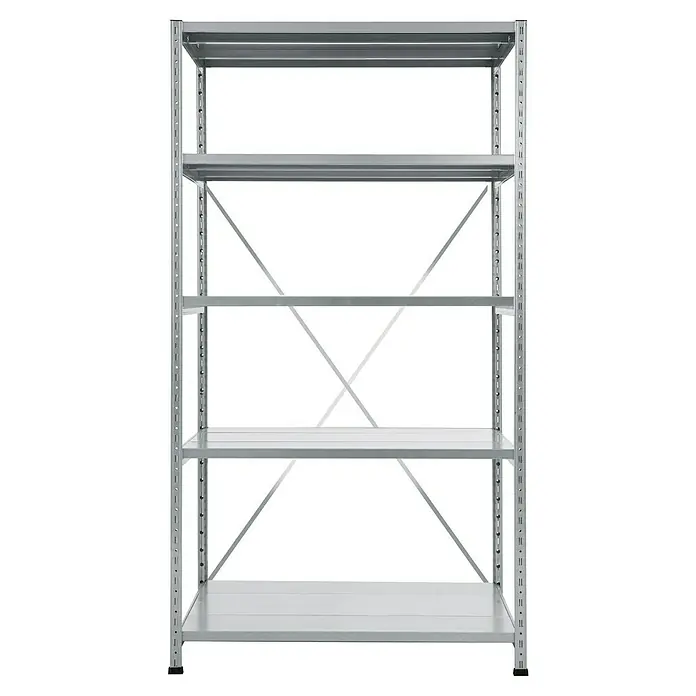 Scholz Metallregal Grundelement - Höhe: 192 cm, B x T: 85 x 70 cm, Traglast pro Boden: 330 kg, Anzahl Böden: 5 Stk., Stecken, Silber - Metallregal mit fünf Regalböden und kreuzförmigen Verstrebungen für zusätzliche Stabilität. Ideal für Lager und Werkstatt.