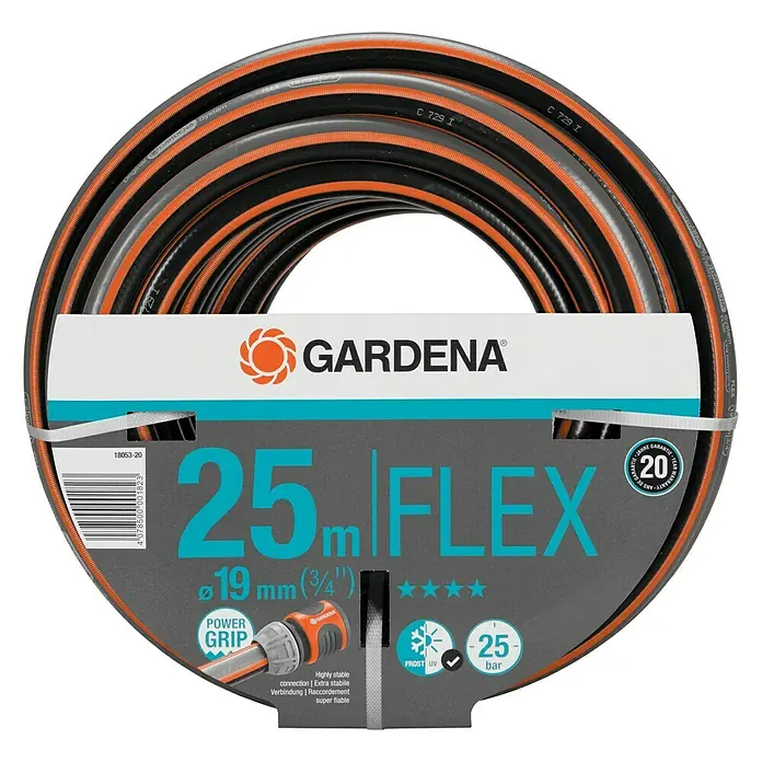 Gardena Comfort Flex Schlauch - Länge: 25 m, Schlauchdurchmesser: 19 mm - Abgebildet ist ein Gartenschlauch von Gardena, Modell 25m Flex, mit einem Durchmesser von 19mm (3/4 Zoll), ausgestattet mit Power Grip und 20 Jahren Garantie.